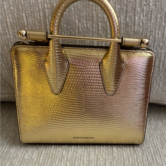 Strathberry Handbags - Strathberry Nano Tote Gold Lizard Embossed Leather Mini Bag